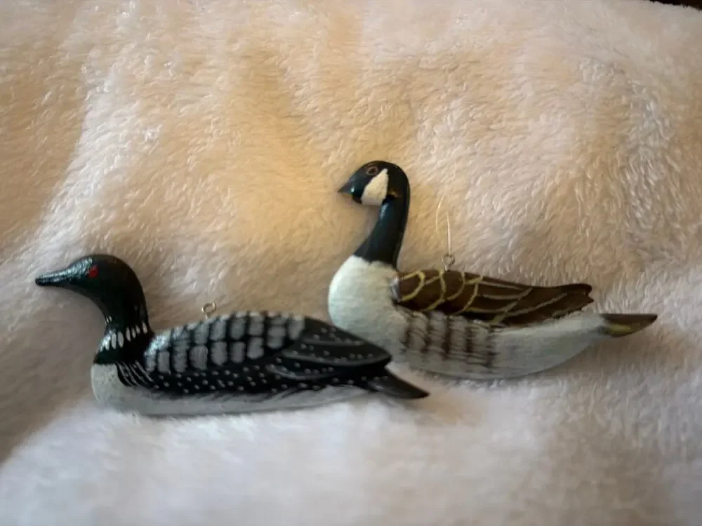 Hand Carved Wooden Loon & Canada Goose Bird Ornaments Painted Wildlife Set 2